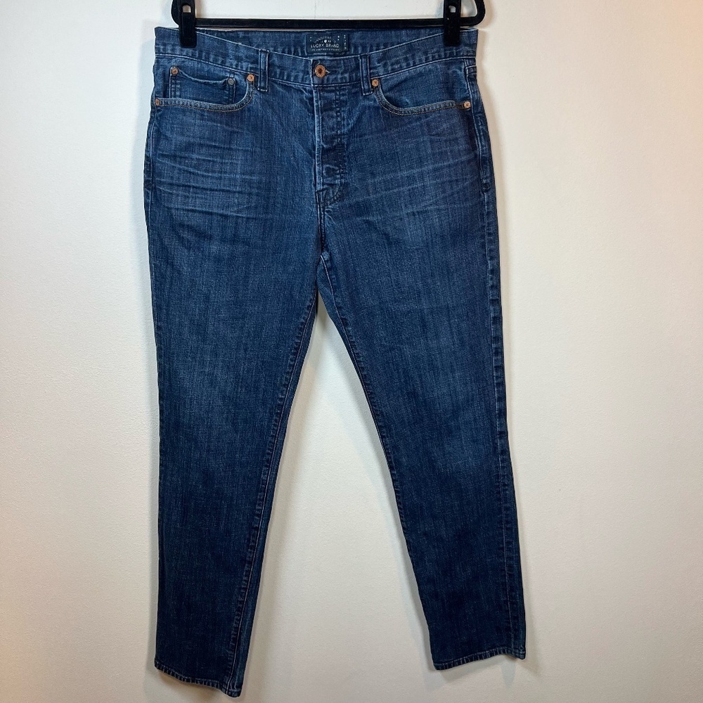 Lucky Brand 121 Heritage Slim Straight Jeans Blue Denim Button Fly Mens Sz 36x34